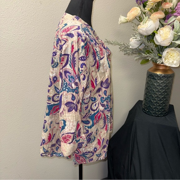 Chico’s Paisley Button Front Tunic Blouse 3 Purple Teal Boho Lightweight - Picture 4 of 7